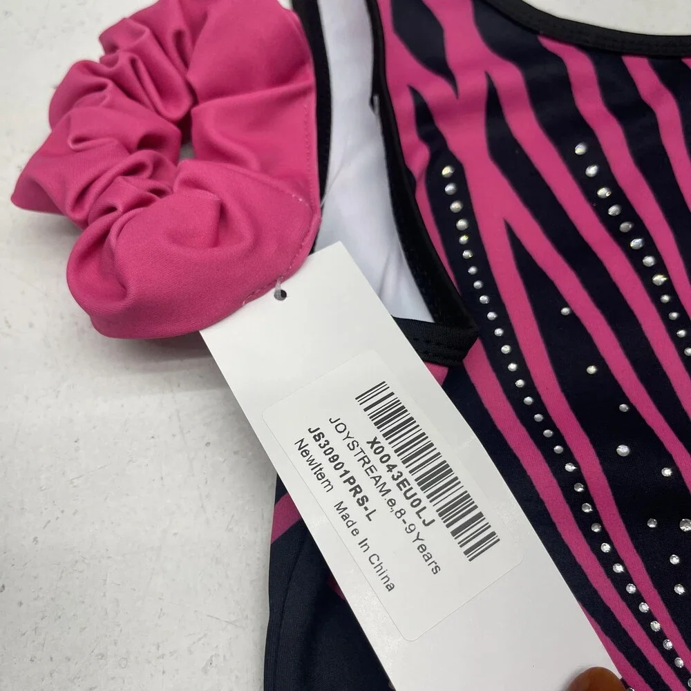 Joystream Gymnastics Leotard Set Girls Large 8-9 Black Pink Rhinestone Shorts